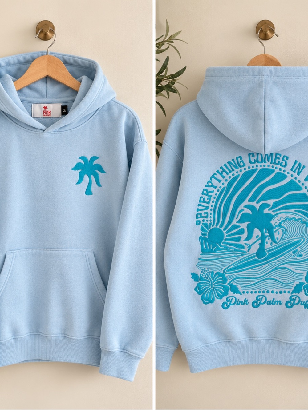 Pink Palm Co. Light Blue Graphic Hoodie with Teal Surf Print, Size M
